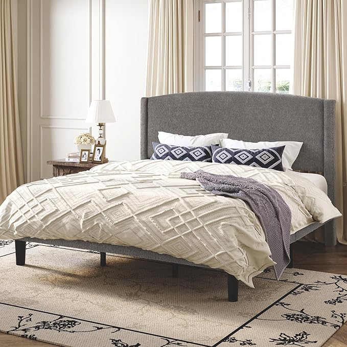 SHA CERLIN King Size Bed Frame with Soft Teddy Fabric, Boucle Upholstered Platform Bed, Curved Headboard Design, Wooden Slats Support, Noise-Free, No Box Spring Needed, Easy Assembly, Grey