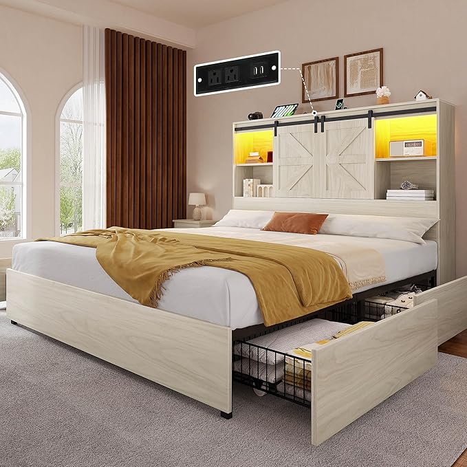 YITAHOME Farmhouse Queen Size Bed with Storage Bookcase Headboard, Sliding Barn Door, 4 Storage Drawers, RGB LED Bed Frame with USB Charging Station, No Box Spring Needed, Antique White