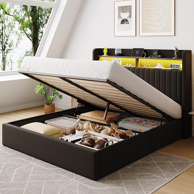 SHA CERLIN Full Size Lift Up Storage Bed Frame/LED Lights/Charging Station/2-Tier Shelves Headboard/USB,Type-C Ports/Velvet Upholstered/Hydraulic Support/No Box Spring Needed/Noise Free/Black