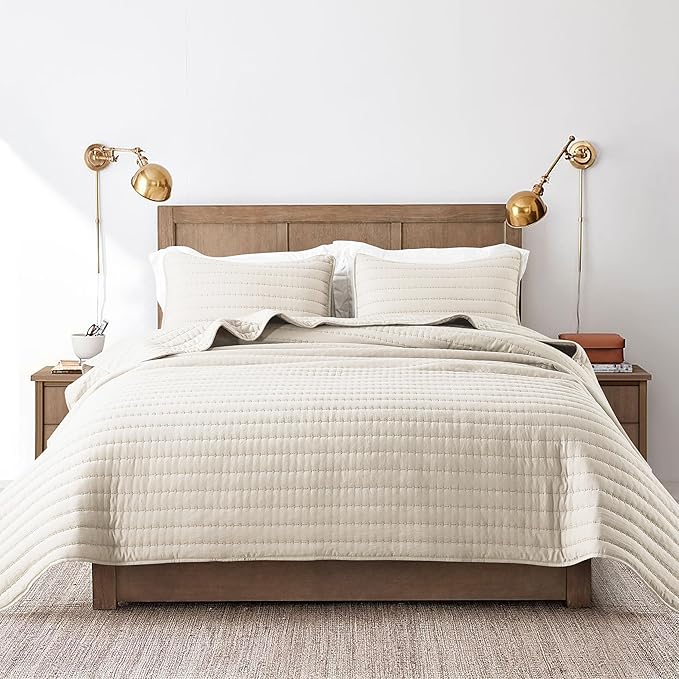 ROARINGWILD Ivory Queen Size Quilt Bedding Sets with 2 Pillow Shams, Full Lightweight Soft Bedspread Coverlet, Quilted Blanket Thin Comforter Bed Cover for All Season, 3 Pieces, 90x90 inches