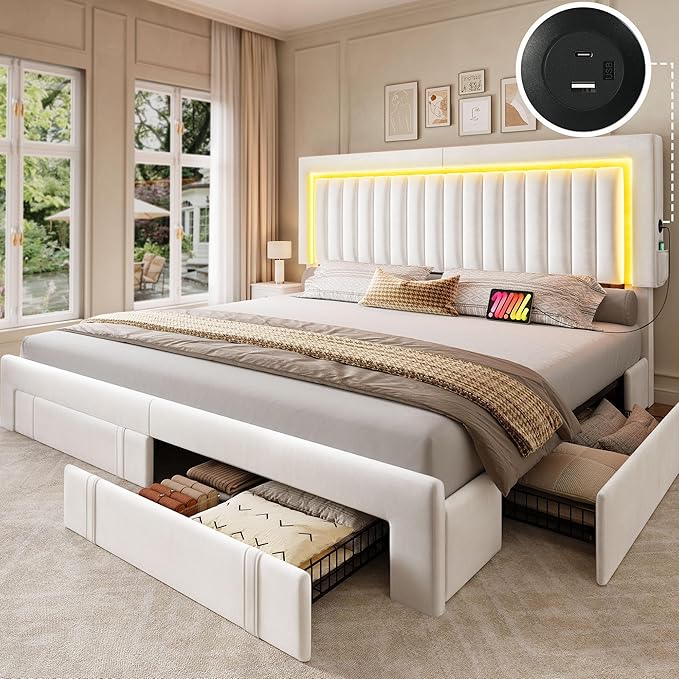 YITAHOME King Size Bed Frame with Velvet Vertical Tufted Upholstered Adjustable Headboard, 4 Storage Drawers, RGB LED Lights and USB Ports, No Box Spring Needed, Fast Assembly, Noise-Free, White
