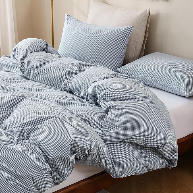 TOCOMOA Mini Gingham Blue Duvet Cover Bedding Set 100% Washed Cotton Like Linen Feel Super Soft Comfortable 3 Piece Small Plaid Checkered Comforter Cover Set (King 104"x90", Comforter Not Included)