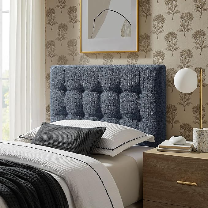 Modway Lily Twin Size Headboard with Biscuit Tufting in Navy - Fabric Upholstery with Padded Design and 5 Height-Adjustable Mounts