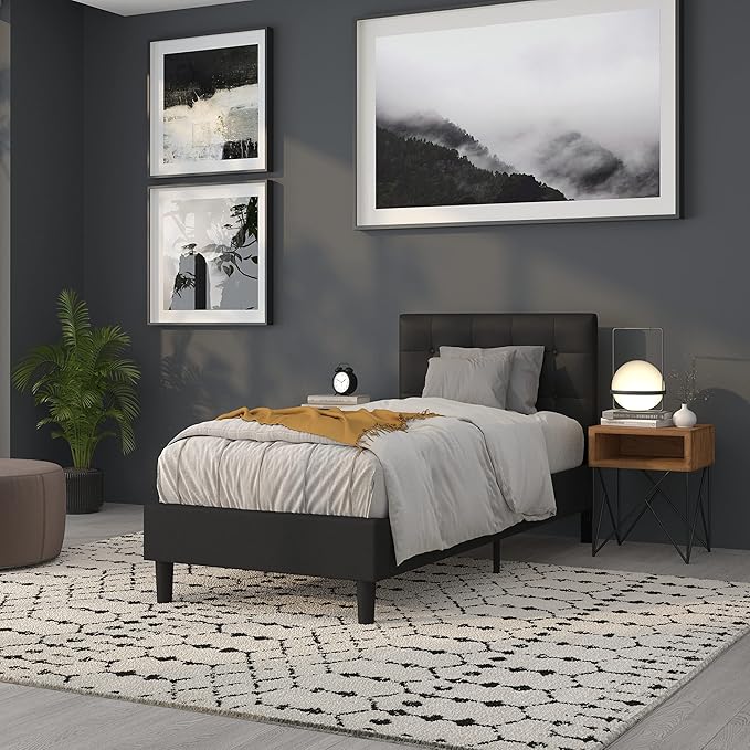Flash Furniture Lennox Adjustable Height Button Tufted and Box Stitch Upholstered Twin Size Headboard in Black Vinyl