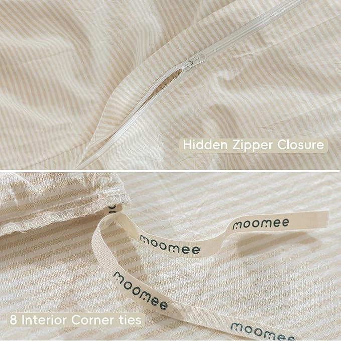 MooMee Striped Duvet Cover Set 100% Washed Cotton Linen Like Textured Breathable Durable Soft Comfy (Almond Milk Grey Pinstripes, Oversized Full 82"x86")