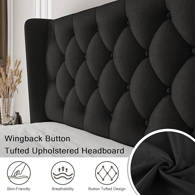 Einhomn Black Platform Bed Frame Full Size with Fabric Upholstered Wingback Headboard, 12" Under Bed Space, Wooden & Metal Slats Support, No Box Spring Needed