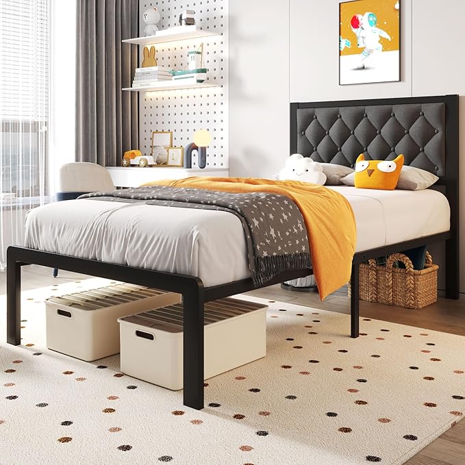 Fluest Twin Bed Frame with Headboard Linen Upholstered Bed Frame Platform,All Metal Slats Support Platform Bed Frame with Storage Space,Easy Assembly,Noise Free,No Box Spring Needed,Grey