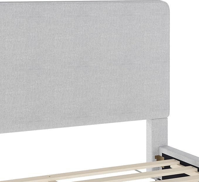 Martha Stewart Britta Platform Bed with Headboard & Footboard, Faux Linen Upholstery with Piping Detail, Rounded Headboard, No Box Spring Needed, King, Gray