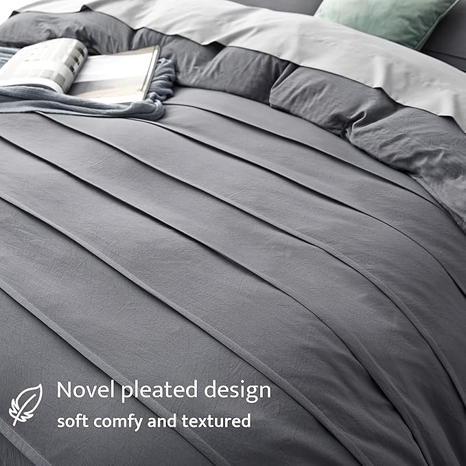 Oli Anderson Grey Duvet Cover Queen Size - Pleated Queen Duvet Cover, 3PCS Soft and Breathable Textured Bedding Set with Zipper Closure(Grey,90"x90")