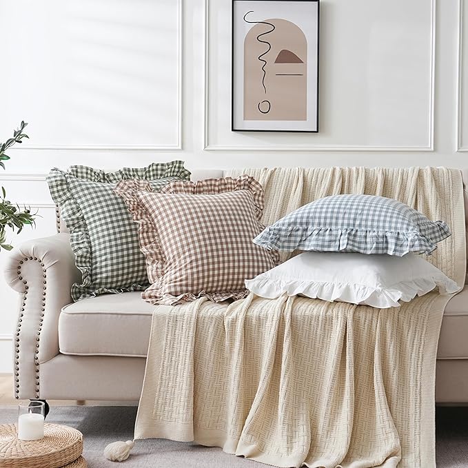 2 Pack Sage Green/White Plaid Ruffle Throw Pillow Covers Farmhouse Checkered Chic Washed Cotton Pillowcases Gingham Pillow Shams for Bed, Sofa, Living Room-20"x20" Sage Green