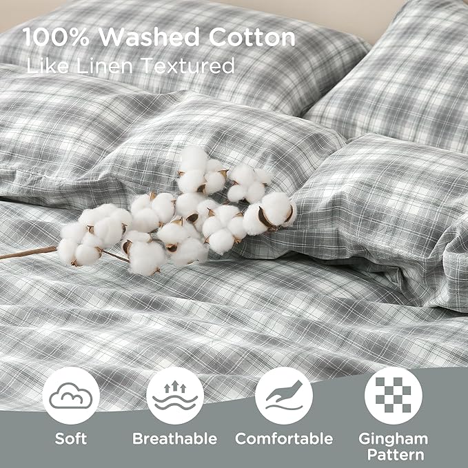 TOCOMOA Plaid Duvet Cover Set 100% Washed Cotton Like Linen Feel Super Soft Comfy 3 Piece Grey and Green Gingham Checkered Bedding Comforter Cover Set (King 104"x90", Comforter Not Included)