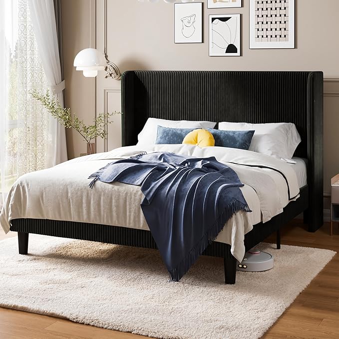 Allewie Queen Size Bed Frame with Upholstered Wingback Headboard, Vertical Channel Tufted Corduroy Velvet Platform Bed, Strong Wooden Slats Support, No Box Spring Needed, Easy Assembly, Sturdy, Black