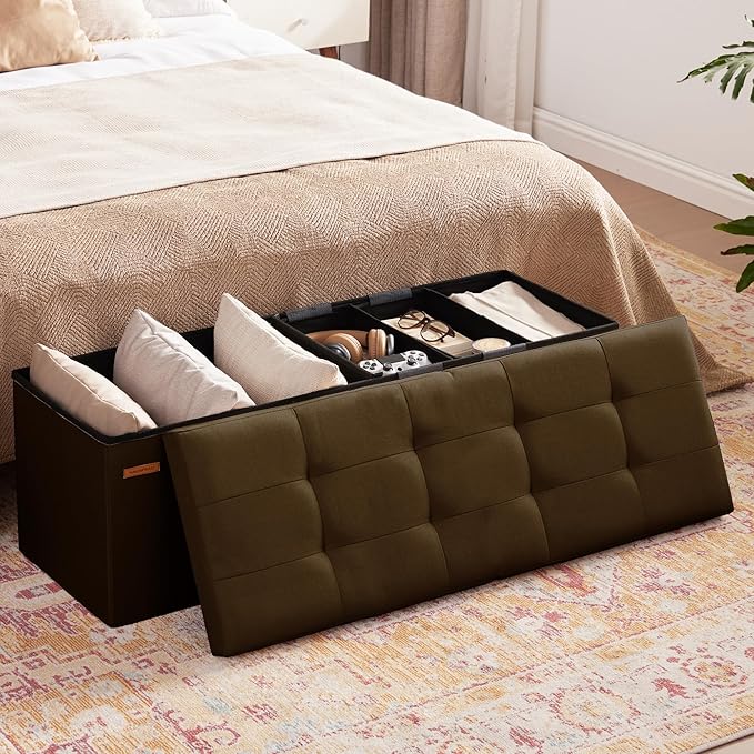 HAUSFRAU Storage Ottoman Bench with Flipping Lid, 43.3 Inches Storage Chest Footsrest, Folding Foot Stool for Entryway, Living Room, Bedroom, Linen Espresso Brown