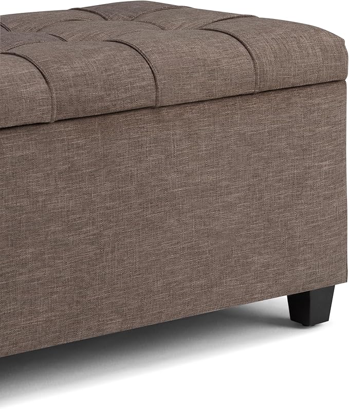 SIMPLIHOME Sienna Storage Ottoman Bench - 33 inch Wide Upholstered Linen Look Fabric Rectangle Storage Ottoman Bench in Tanners Brown, Transitional Tufted Ottoman for Living Room with Lift Top