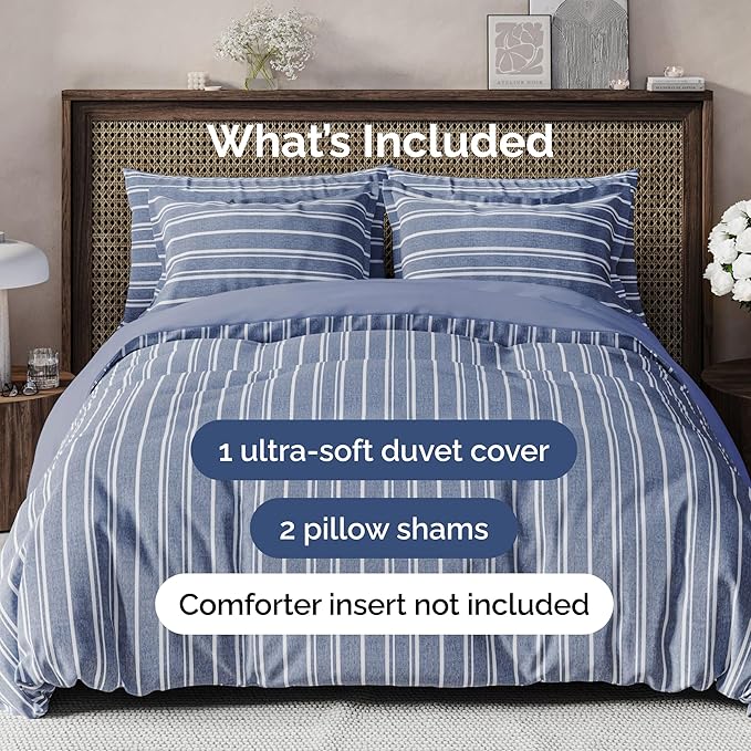 Duvet Cover Cal King Size Set - Extra Soft Cal King Duvet Cover 104" x 98" with 2 Pillow Shams - Hotel Luxury, Easy Care & Fade Free w/ Zipper Closures & Ties - Comfy, Cozy & Breathable (Blue Stripes)