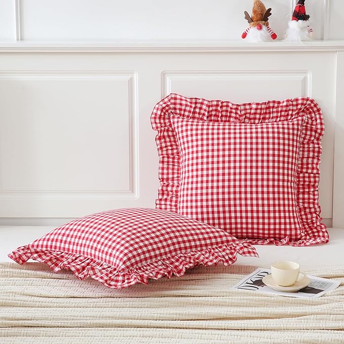 2 Pack 26x26 inches Red/White Gingham Pillow Cover 100% Washed Cotton Ruffled Pillowcase Farmhouse Checkered Pillow Covers for Bed Livingroom