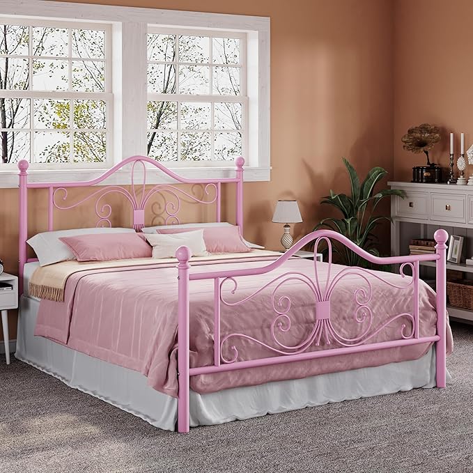 Allewie Full Size Bed Frame with Headboard,Metal Bed Frame with Butterfly Pattern Design Headboard & Footboard,No Box Spring Needed,Easy Assembly,Pink