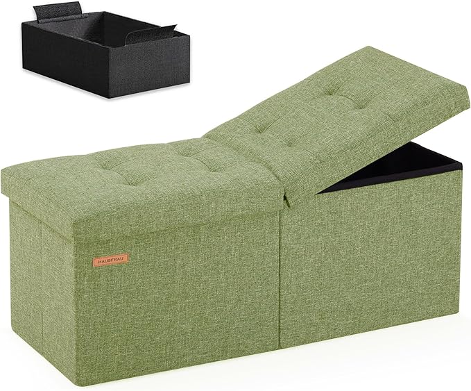 HAUSFRAU 31.5 Inches Ottoman with Storage Bench, Folding Ottoman Bench Small Foot Rest Stool, Bedroom Bench with Flipping Lid, Linen Avocado