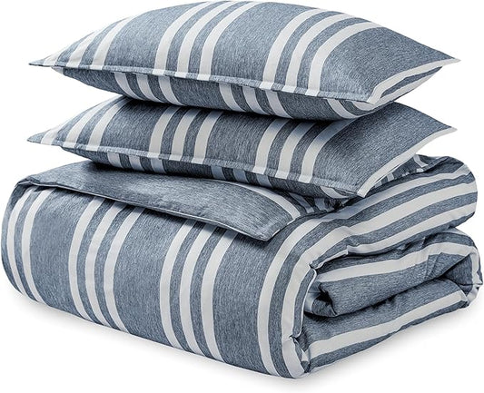 Bare Home Bedding Duvet Cover Queen Size - Premium 1800 Super Soft Collection - Lightweight, Cooling, Soft Breathable Duvet Cover (Queen, Stripe - Heathered Midnight Blue)