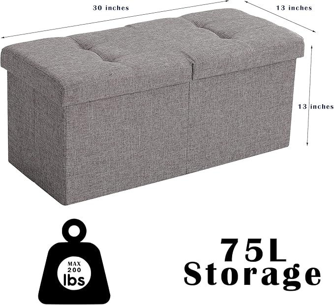 Storage Ottoman Bench Foldable Seat Footrest End of Bed Ottoman with Flipping Lid for Living Room, 75L, 30 inches Linen Fabric Beige