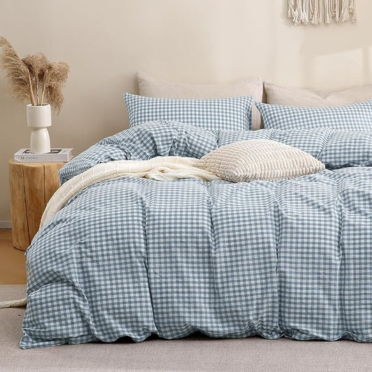 TOCOMOA Blue Gingham Duvet Cover Bedding Set 100% Washed Cotton Like Linen Feel Super Soft Comfortable 2 Piece Vintage Plaid Checkered Comforter Cover Set (Twin 68"x90", Comforter Not Included)