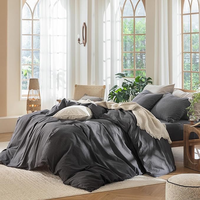 MooMee Bedding Duvet Cover Set 100% Washed Cotton Linen Like Textured Breathable Durable Soft Comfy (Heathered Dark Grey, Cal King 104"x98")