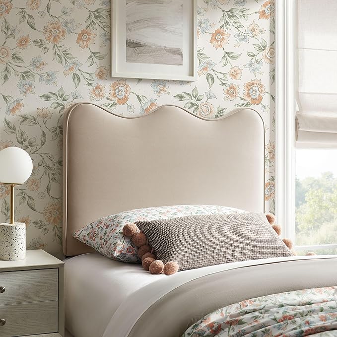 Monday Athena Twin Size Performance Velvet Adjustable Headboard in Almond - with Scalloped Wave Design and Stain-Resistant Velvet Upholstery
