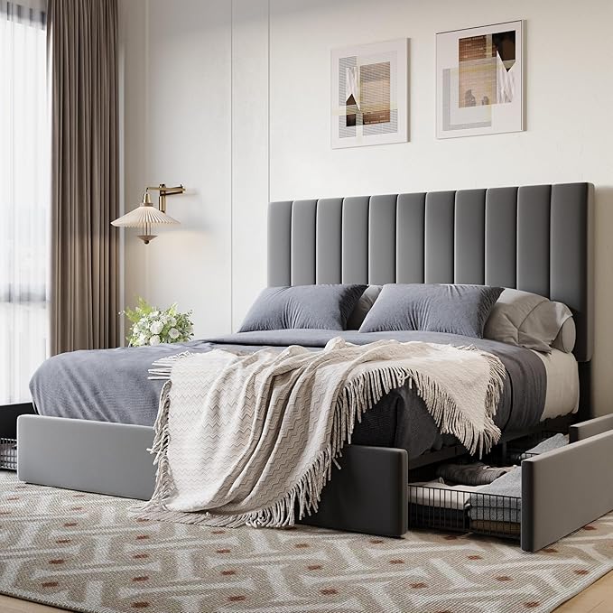 SHA CERLIN Full Size Platform Bed Frame with 4 Storage Drawers, Vertical Channel Tufted Adjustable Headboard, Velvet Upholstered, Wooden Slats Support, No Box Spring Needed, Easy Assembly, Grey