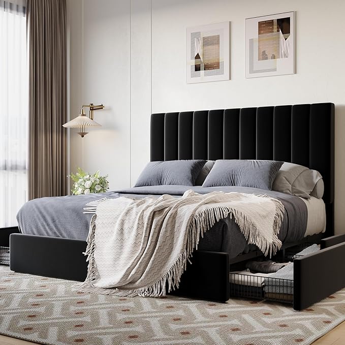 SHA CERLIN Full Size Platform Bed Frame with 4 Storage Drawers, Vertical Channel Tufted Adjustable Headboard, Velvet Upholstered, Wooden Slats Support, No Box Spring Needed, Easy Assembly, Black