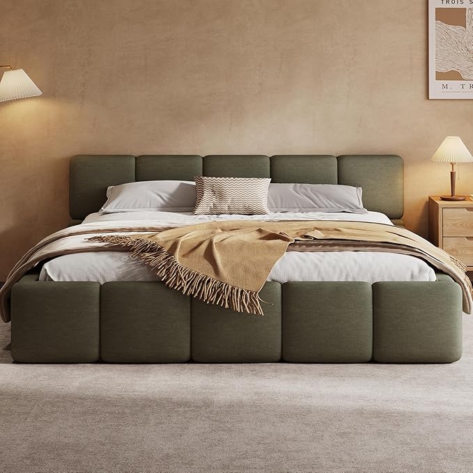Merax California King Size Boucle Platform Bed with Thick Headboard and Footboard, Block Style Upholstery Floor Bed Frame, Green