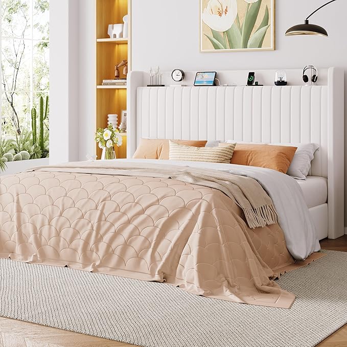 Allewie King Size Lift Up Storage Bed Frame,Storage Shelf Headboard with Charging Station,Type-C and USB Ports,Hydraulic Support,Velvet Upholstered Bed Frame,No Box Spring Needed,White