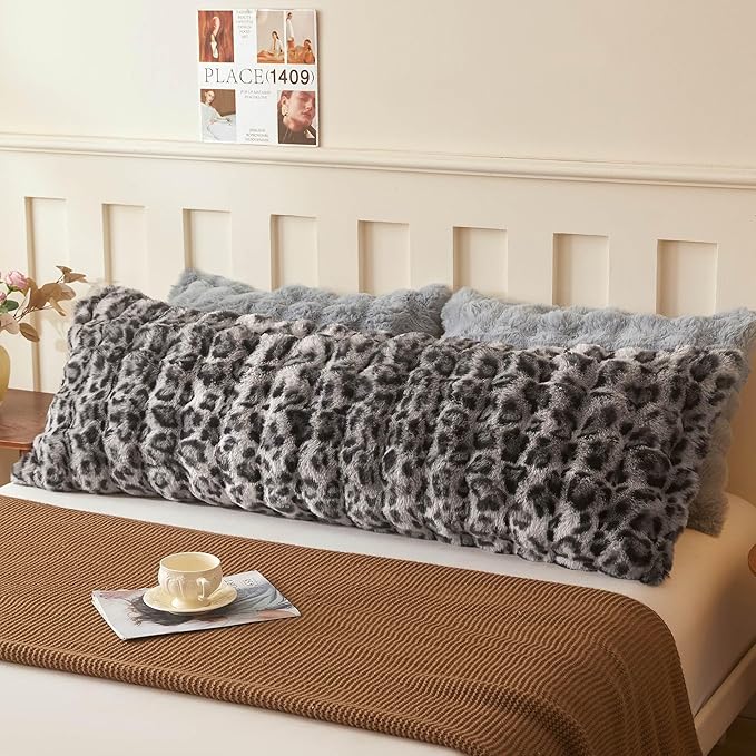 LIFEREVO Leopard Print 20 x 54 Faux Rabbit Fur Body Pillow Cover, Comfy Cheetah Print Bubble Shaggy Bed Pillowcase with Zipper, Long Plush Furry Farmhouse Pillow Case for Adults Kids Girls Teens, Grey