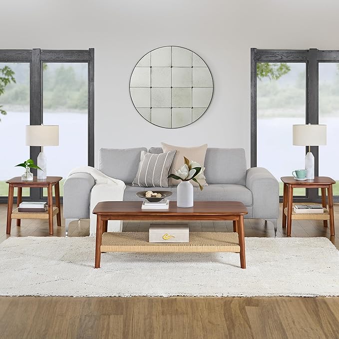 Alaterre Furniture Calais 3-Piece Solid Wood Coffee Table Set with 2 Side Tables – Mid Century Modern Living Room Tables with Woven Storage Shelves (Chestnut)