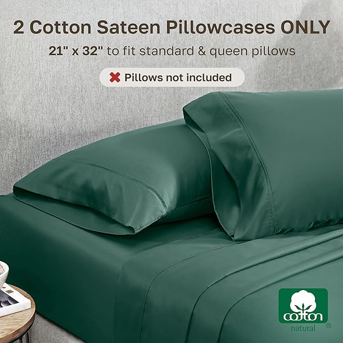 California Design Den Standard Queen Size Pillowcase Set - 400 Thread Count, 100% Cotton Sateen, Set of 2 Pillow Covers, Soft and Breathable - Hunter Green