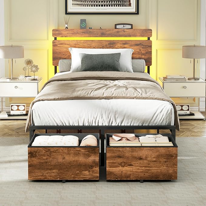 Forestell Twin Bed Frames with Wood Headboard, Metal Platform Bed with 2 Storage Drawers & Shelf, Built in Charging Station & LED Lights, No Box Spring Needed, Vintage Brown, Camas Twin Size