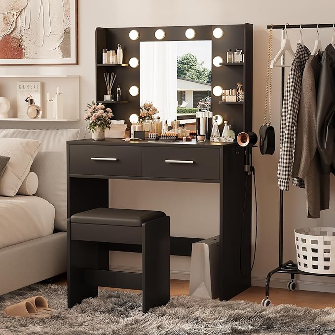 Furmax Make up Vanity Desk with Mirror and Power Outlet, Vanity with 3 Color Light Options Adjustable Brightness,Vanity Desk with 2 Drawers, 6 Storage Shelves (Black, with Bench)