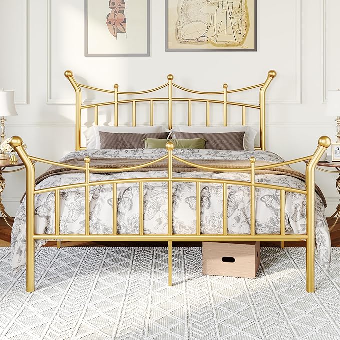 Allewie 14 Inches Full Size Metal Platform Bed Frame with Elegant Crown Iron-Art Headboard & Footboard, Sturdy Mattress Foundation with Under-Bed Storage, Easy Assembly, No Box Spring Needed, Gold