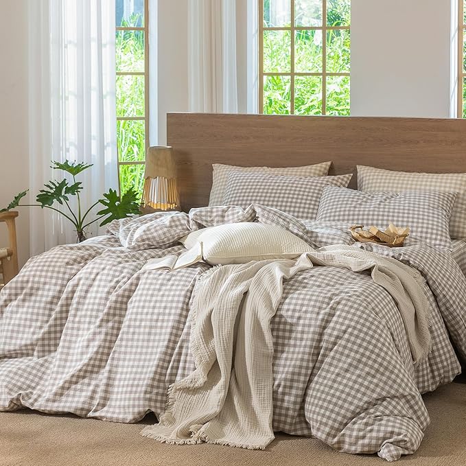 MooMee Gingham Duvet Cover Set 100% Washed Cotton Linen Like Textured Breathable Durable Soft Comfy Modern Checkered Design (Tannish Linen Grey Gingham, Queen 90"x90")