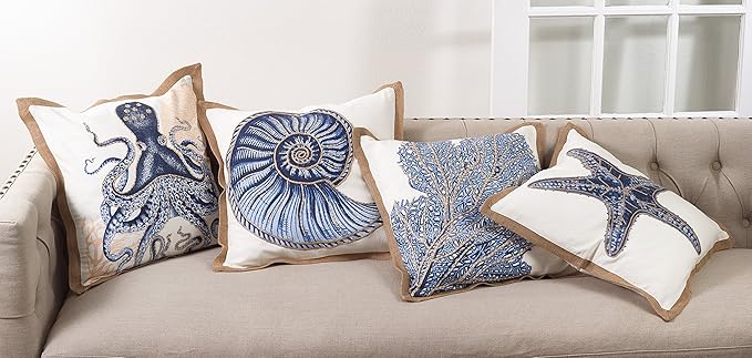 SARO LIFESTYLE Neptunian Coastal Throw Pillow – 20” x 20”, Woven Cotton Cover with Jute Trim, Zipper Closure, Down & Feather Insert – Starfish, Navy Blue