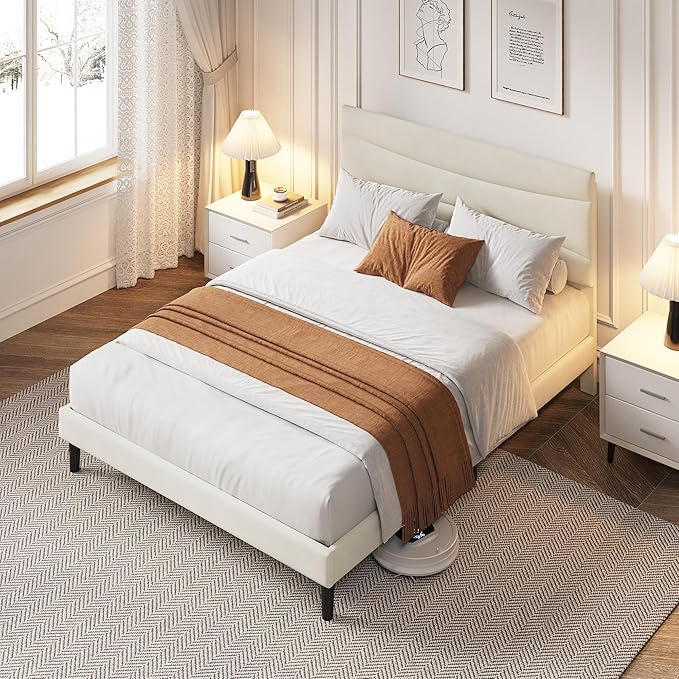 IDEALHOUSE Queen Size Upholstered Platform Bed Frame with Ergonomic Headboard, Beige Soft Fabric, Heavy Duty Wooden Slats, Noise-Free, 6.3" Underbed Storage, No Box Spring Needed, Easy Assembly