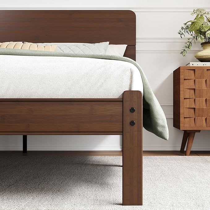 BOSRII 14in High Solid Bamboo Wood Platform Queen Size Bed Frame with Headboard, Reinforced Heavy Duty Metal Slats, Noise Free, No Box Spring Needed, Easy Assembly, Walnut