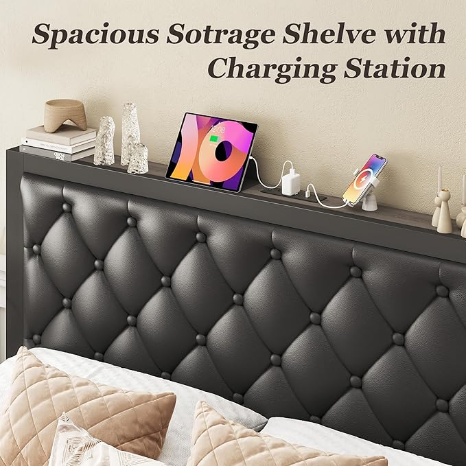 Fluest Queen Bed Frame with 2 Storage Drawers, Upholstered Headboard Button Tufted Bed Frame with Charging Station, No Box Spring Needed, Noise-Free, All Metal Structure, Black