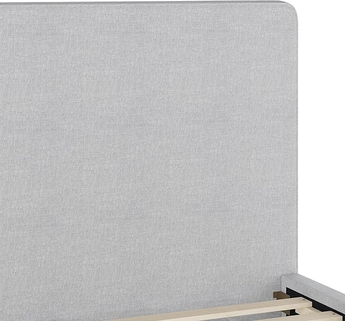 Martha Stewart Britta Platform Bed with Headboard & Footboard, Faux Linen Upholstery with Piping Detail, Rounded Headboard, No Box Spring Needed, Full, Gray