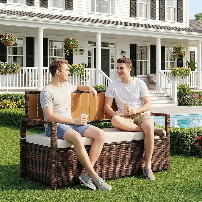 Outdoor Storage Bench with Cushion, 2-Person All-Weather PE Rattan Patio Bench with Backrest & Armrests, Waterproof Wicker Deck Box Seat for Garden, Porch, Poolside & Backyard, Metal Frame，Brown