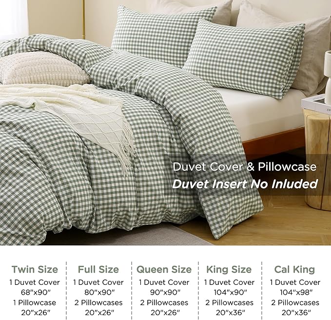 TOCOMOA Green Gingham Duvet Cover Bedding Set 100% Washed Cotton Like Linen Feel Super Soft Comfortable 2 Piece Vintage Plaid Checkered Comforter Cover Set (Twin 68"x90", Comforter Not Included)