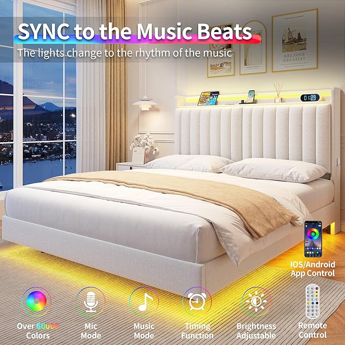 Jocoevol Full Size Floating Bed Frame with Ergonomic Hidden Storage Headboard and LED Lights, Visual Floating LED Bed Frame with Charing Station, Velvet Upholstered Platform Bed, Heavy Duty, White