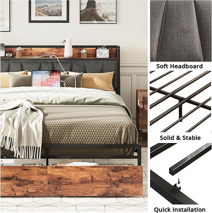 LIKIMIO Queen Bed Frame, Storage Headboard with Charging Station, Platform Bed with Drawers, No Box Spring Needed, Easy Assembly, Vintage Brown and Gray