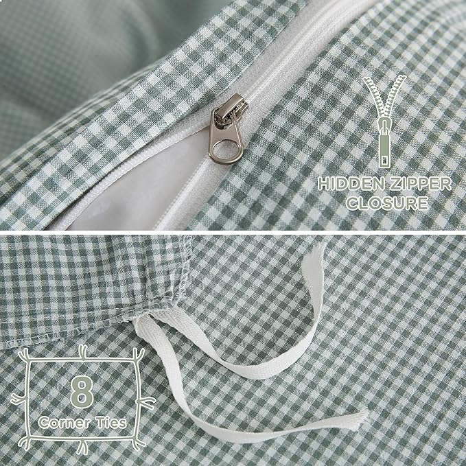 TOCOMOA Mini Gingham Green Duvet Cover Bedding Set 100% Washed Cotton Like Linen Feel Super Soft Comfortable 3 Piece Small Plaid Checkered Comforter Cover Set (Queen 90"x90", Comforter Not Included)