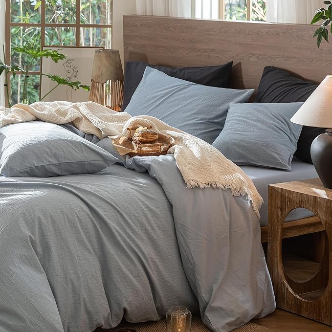 MooMee Wavy Striped Duvet Cover Set 100% Washed Cotton Linen Like Textured Breathable Durable Soft Comfy (Cornflower Blue, Twin 68"x90")