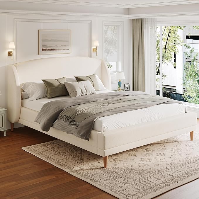 King Size Upholstered Platform Bed Frame with Boucle Fabric Wingback Headboard Solid Wood Legs No Box Spring Modern Bed Frame, White